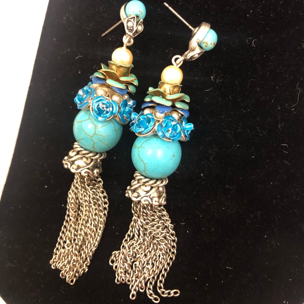 Turquoise Roses & Silver Tassel Earrings,Boutique-NWT